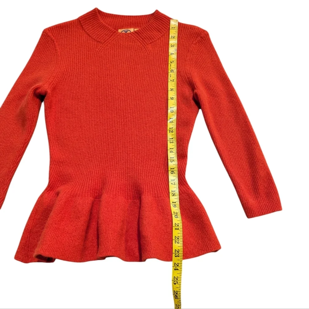 Tory Burch Bright Red Ribbed Peplum Crew Neck Sweater